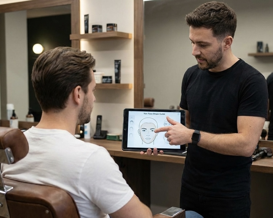 Barber usando el visagismo para dar tips a hombre