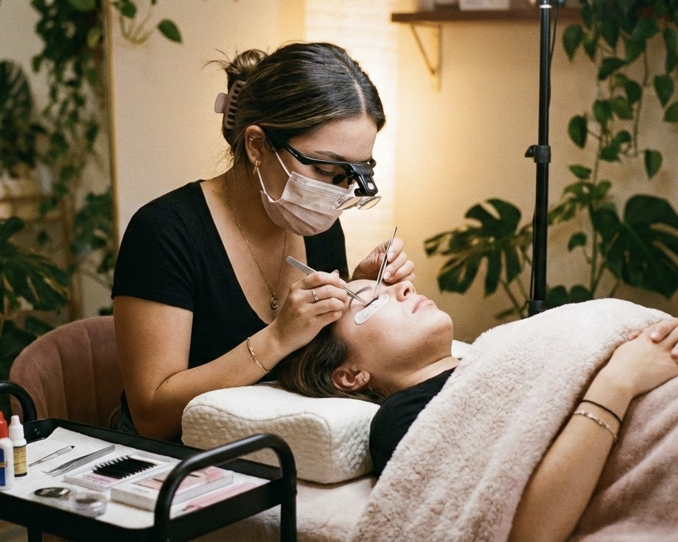 Lashista colocando pestañas